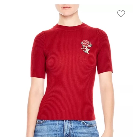 Sandro Red Patty Ribbed Sweater with Rose Embellishment - Small - Picture 2 of 11